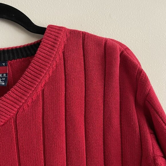 Tommy Hilfiger Men Sz L Red Long Sleeve V-Neck Pullover Heavyweight Sweater - Picture 6 of 9